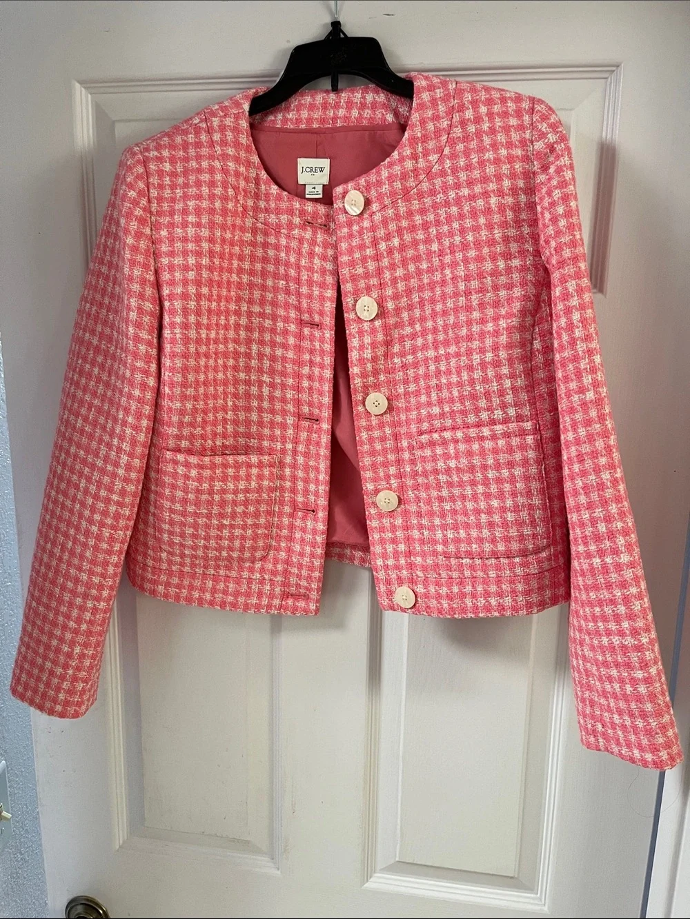 J. Crew Pink Houndstooth Cropped Button Jacket - Picture 4 of 4